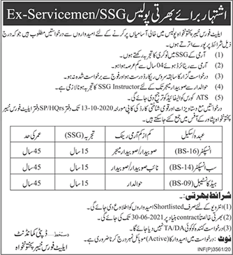 KPK Police Jobs September 2020 Elite Force Retired Army / Ex-Serviceman / SSG Latest