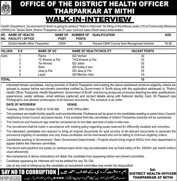 Community Midwife Jobs Health Department Tharparkar 2020 October Mithi Walk in Interview Latest