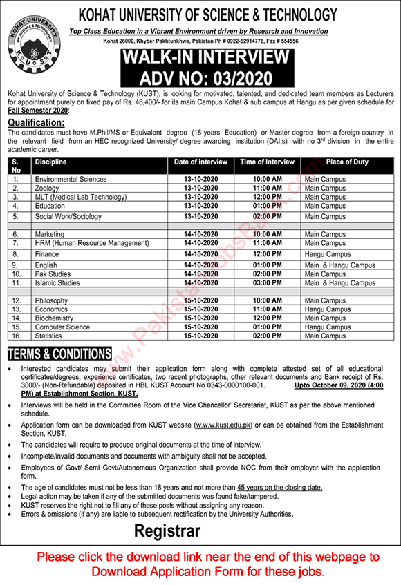 Lecturer Jobs in Kohat University of Science and Technology 2020 October Application Form Walk in Interview Latest