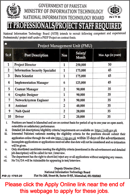 National Information Technology Board Jobs October 2020 Apply Online NITB Latest