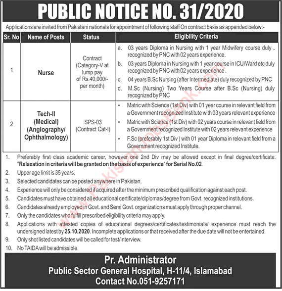 PAEC General Hospital Islamabad Jobs October 2020 Nurses & Medical Technicians Latest