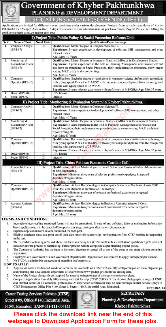 Planning and Development Department KPK Jobs October 2020 CTSP Application Form Latest