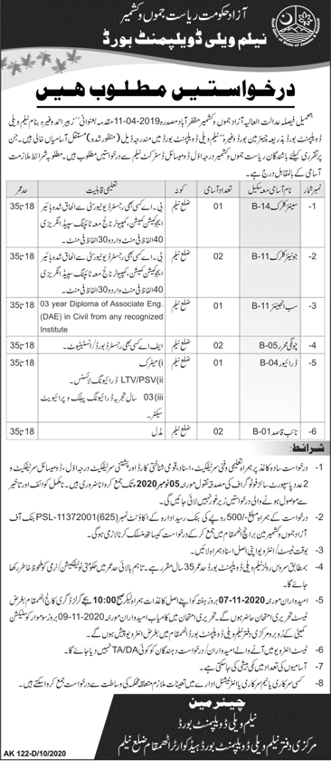 Neelum Valley Development Board Jobs 2020 October Clerks, Naib Qasid & Others Latest