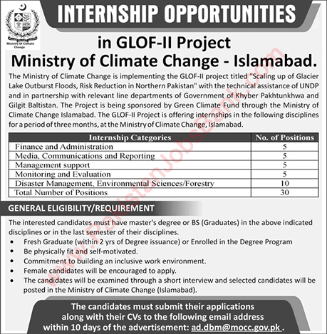 Ministry of Climate Change Islamabad Internships 2020 October Project GLOF-II Latest