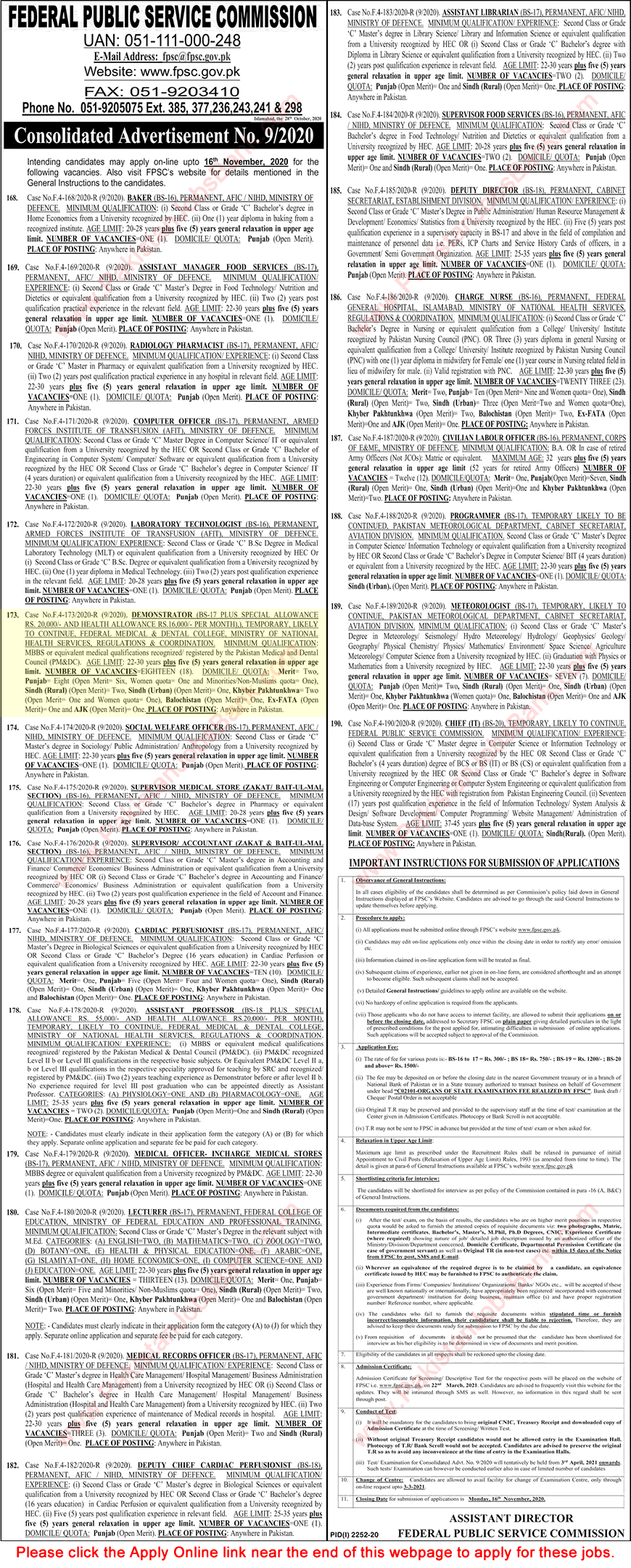 Demonstrator Jobs in Federal Medical and Dental College 2020 November FPSC Apply Online Latest