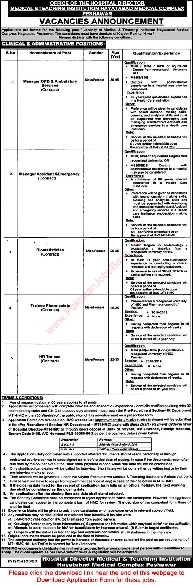 Hayatabad Medical Complex Peshawar Jobs November 2020 MTI Application Form Download Latest