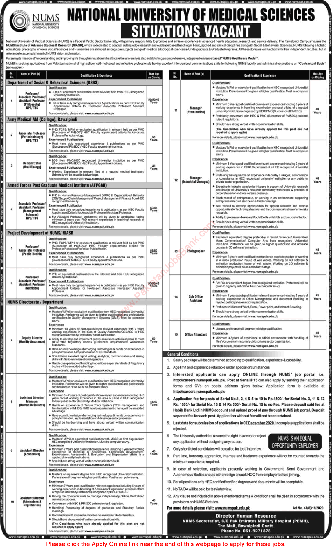 NUMS University Rawalpindi Jobs November 2020 Apply Online Teaching Faculty & Others Latest