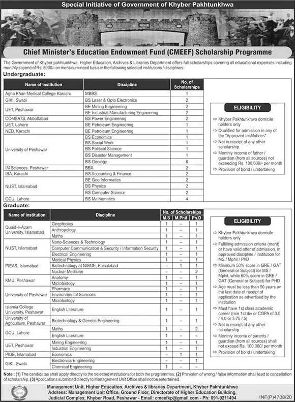 KPK Chief Minister's Education Endowment Fund Scholarship Program December 2020 CMEEF Latest