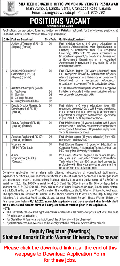 Shaheed Benazir Bhutto Women University Peshawar Jobs December 2020 Application Form Download Latest