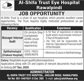 Al Shifa Trust Eye Hospital Rawalpindi Jobs December 2020 Manager Internal Audit & Ophthalmologist Latest