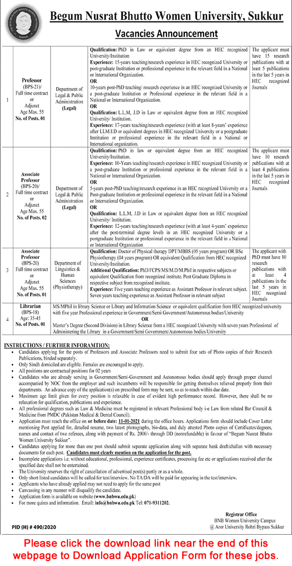 Begum Nusrat Bhutto Women University Sukkur Jobs December 2020 Application Form Teaching Faculty & Librarian Latest