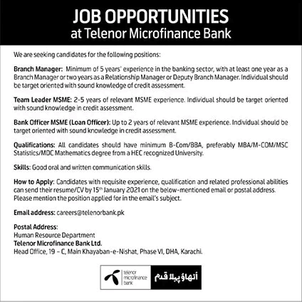 Telenor Microfinance Bank Jobs December 2020 Loan Officer, Branch Manager & Team Leader Latest