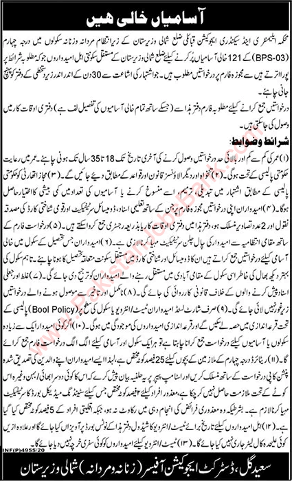 Darja Chaharam Jobs in Elementary and Secondary Education Department North Waziristan December 2020 / 2021 KPK Latest