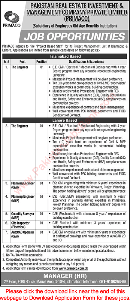 PRIMACO Jobs 2021 Application Form Pakistan Real Estate Investment & Management Company Latest