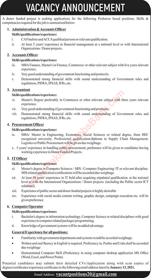 Donor Funded Project Peshawar Jobs 2021 KPK Computer Operator & Others Latest