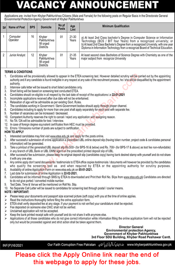 Environmental Protection Agency KPK Jobs 2021 ETEA Apply Online Latest