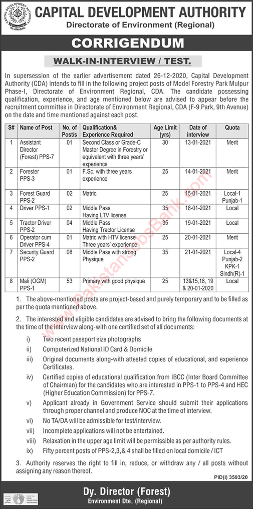 CDA Jobs 2021 Security Guards, Mali & Others Capital Development Authority Walk in Interview / Test Latest