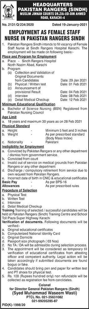 Staff Nurse Jobs in Pakistan Rangers Sindh 2021 January Latest Advertisement