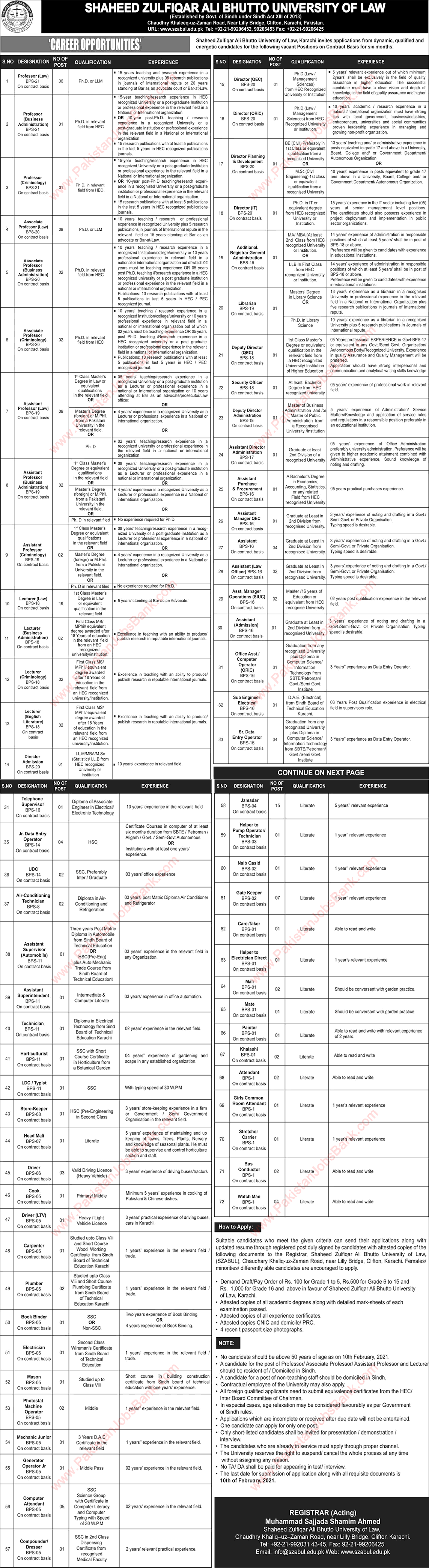 Shaheed Zulfiqar Ali Bhutto University of Law Karachi Jobs 2021 Teaching Faculty & Others SZABUL Latest