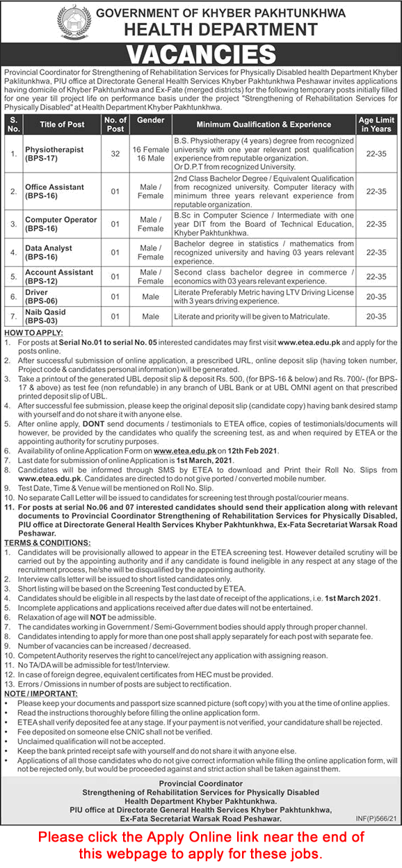 Health Department KPK Jobs 2021 February ETEA Apply Online Physiotherapist & Others Latest