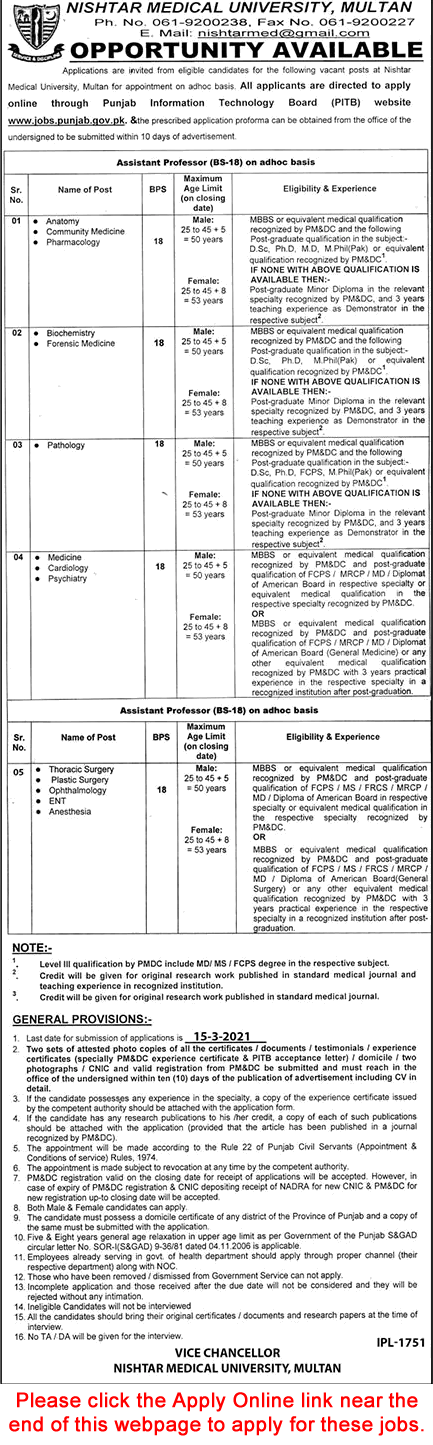 Assistant Professor Jobs in Nishtar Medical University Multan 2021 February Apply Online Latest