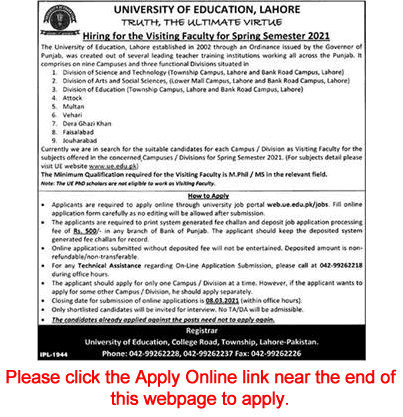 Visiting / Teaching Faculty Jobs in University of Education Lahore 2021 February / March Apply Online Latest