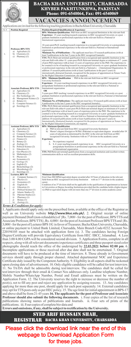 Teaching Faculty Jobs in Bacha Khan University Charsadda 2021 March Application Form BKU Latest