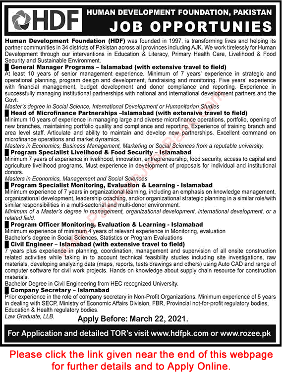 Human Development Foundation Pakistan Jobs 2021 March Apply Online Program Officer, Civil Engineer & Others Latest