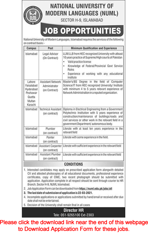 NUML University Jobs March 2021 Application Form Assistant Network Administrators & Others Latest