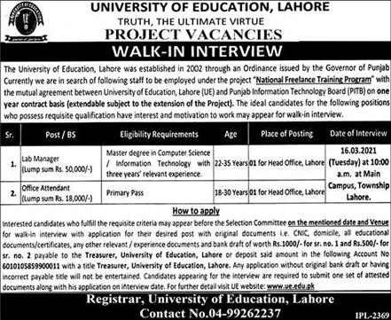 University of Education Lahore Jobs 2021 March Lab Manager & Office Attendant Walk in Interview Latest