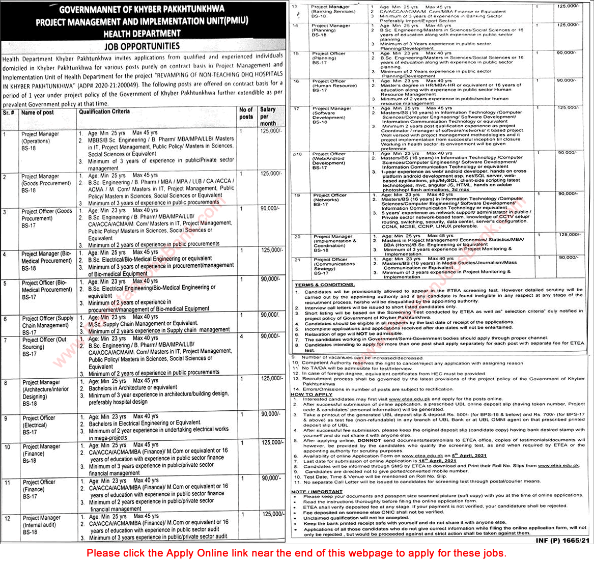 Health Department KPK Jobs April 2021 ETEA Apply Online Project Officers & Managers PMIU Latest