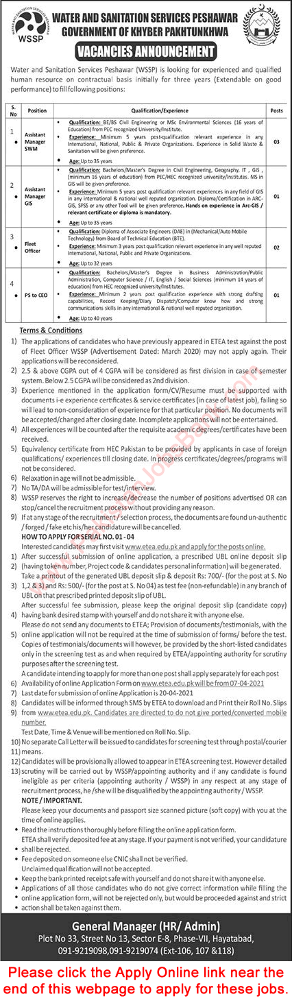 Water and Sanitation Services Peshawar Jobs April 2021 ETEA Apply Online WSSP Latest