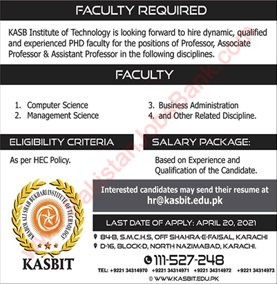 KASB Institute of Technology Karachi Jobs 2021 April Teaching Faculty KASBIT Latest