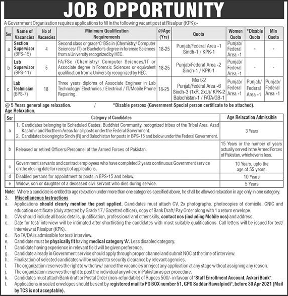 PO Box 51 Rawalpindi Jobs 2021 April Lab Technicians / Supervisors & Section Supervisors Government Organization Latest