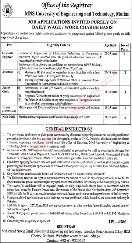 MNS UET Multan Jobs May 2021 Muhammad Nawaz Sharif University of Engineering and Technology Latest