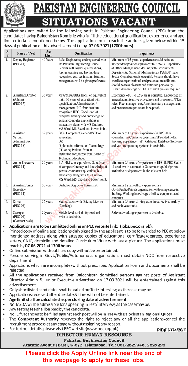 PEC Jobs May 2021 Apply Online Junior Executives & Others Pakistan Engineering Council Latest