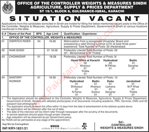 Weight and Measures Department Sindh Jobs May 2021 Agriculture Supply and Prices Latest
