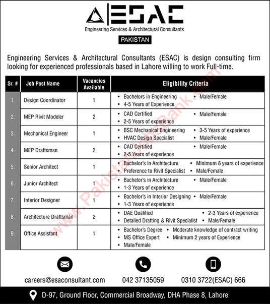 Engineering Services and Architectural Consultants Pakistan Jobs 2021 June ESAC Latest