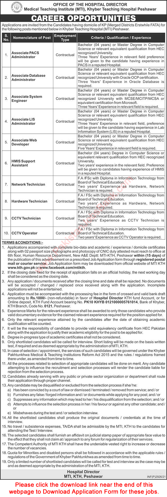 Khyber Teaching Hospital Peshawar Jobs June 2021 MTI Application Form Download Latest