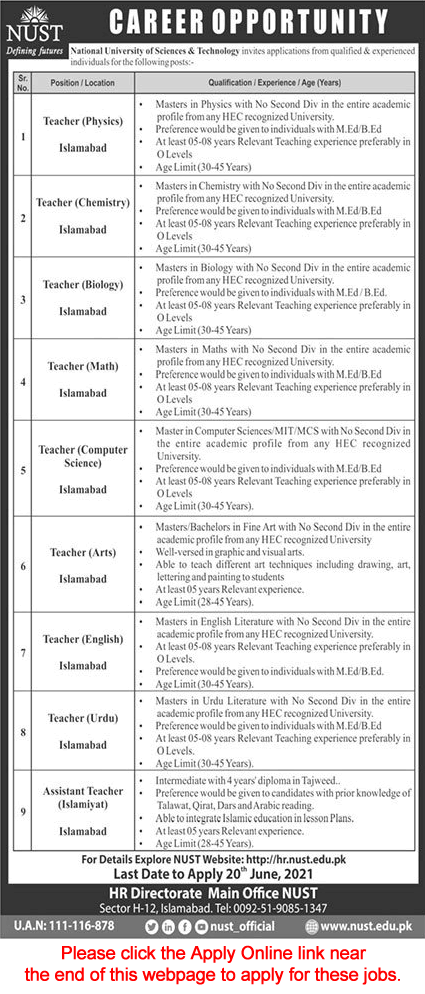 Teaching Faculty Jobs in NUST University Islamabad June 2021 Apply Online Latest