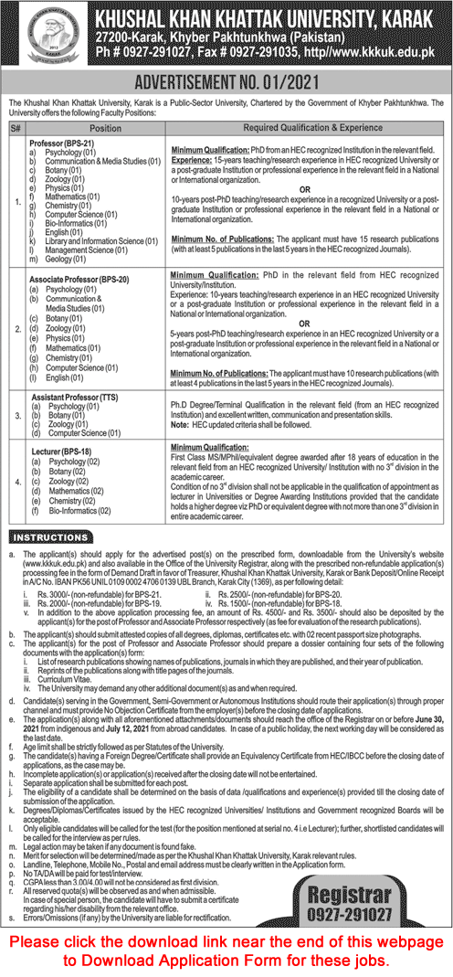 Teaching Faculty Jobs in Khushal Khan Khattak University Karak 2021 June Application Form Latest