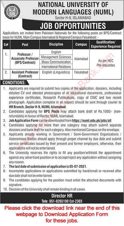 NUML University Jobs June 2021 Application Form Teaching Faculty Latest