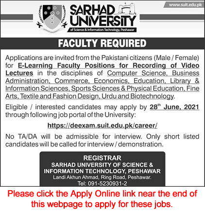 Teaching Faculty Jobs in Sarhad University Peshawar 2021 June Apply Online  for E Learning Latest