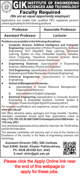 GIK Institute of Engineering Science and Technology Swabi Jobs 2021 June / July Apply Online Teaching Faculty Latest