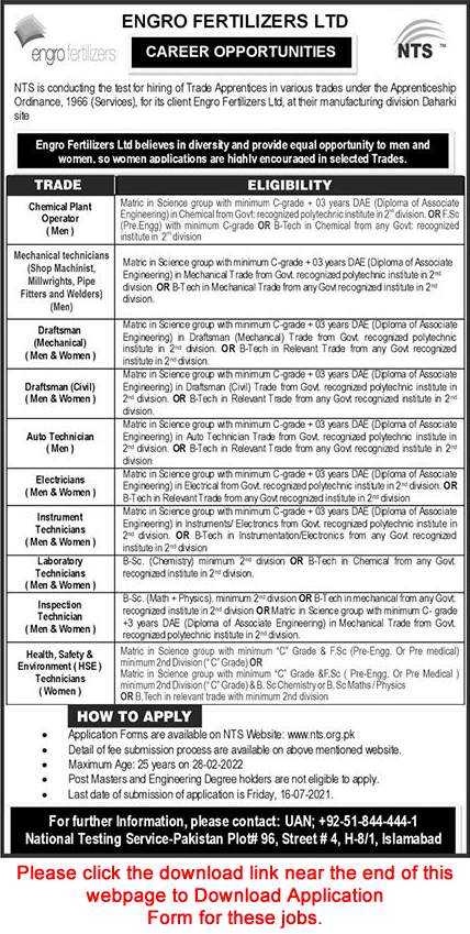 Engro Fertilizers Apprenticeship 2021 June / July NTS Application Form Download Latest