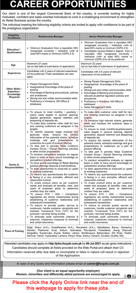 Relationship Manager Jobs in Pakistan June 2021 July Apply Online Leading Commercial Bank Latest