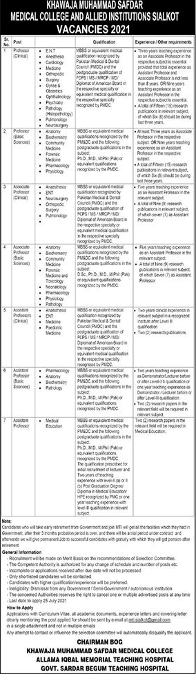 Teaching Faculty Jobs in Khawaja Muhammad Safdar Medical College 2021 July Allied Institutions Latest