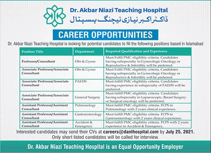 Dr Akbar Niazi Teaching Hospital Islamabad Jobs July 2021 Medical Consultants / Teaching Faculty Latest
