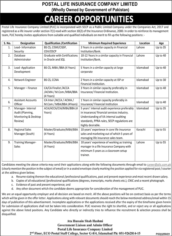 Postal Life Insurance Company Limited Jobs 2021 July Managers & Others Latest