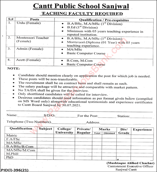 Cantonment Public School Sanjwal Jobs 2021 July Teachers & Others Latest